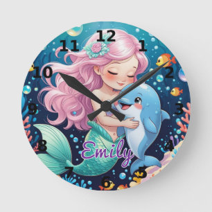 Meerjungfrau und Dolphin Wall Clock - Personalisie Runde Wanduhr