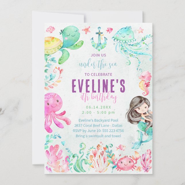 Meerjungfrau und Freunde im Rahmen der Seeeinladun Einladung (Vorderseite)
