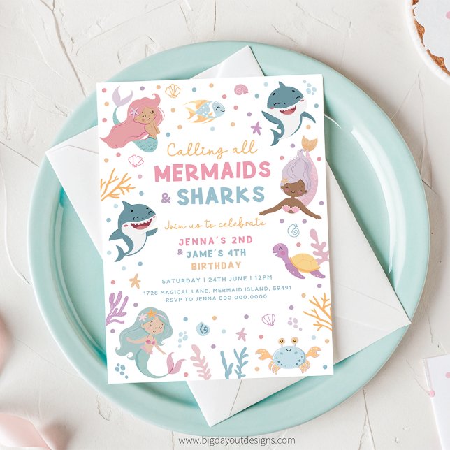 Meerjungfrau und Hai Einladung zum Geburtstag (Mermaid and Shark Birthday Invitation)