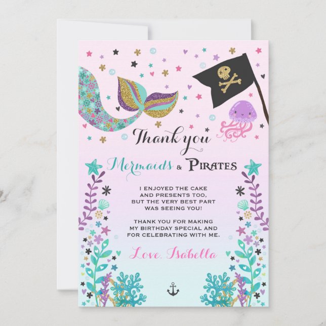 Meerjungfrau und Pirat danken Ihnen zu kardieren Dankeskarte (Vorderseite)