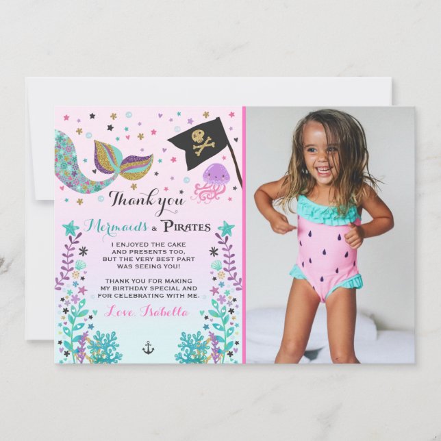Meerjungfrau und Pirat danken Ihnen zu kardieren Dankeskarte (Vorderseite)