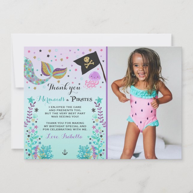 Meerjungfrau und Pirat danken Ihnen zu kardieren Dankeskarte (Vorderseite)