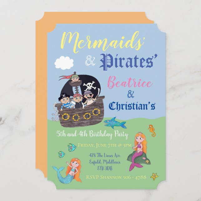 Meerjungfrau und Piraten-Party Einladungen (Vorne/Hinten)