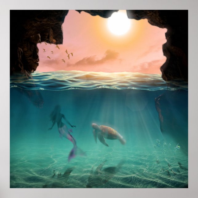 Meerjungfrau und Schildkröte Poster (Vorne)