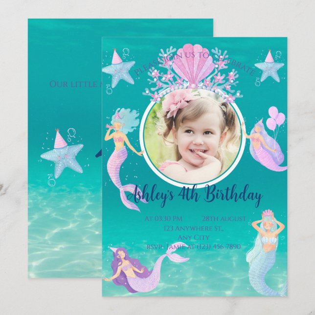 Meerjungfrau unter dem Meeresfarben Kinder Party Einladung (Vorne/Hinten)