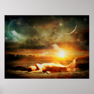 Meerjungfrau unter Moon Starry Night Mystical Post Poster