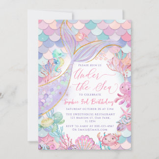 Meerjungfrau unter Rosa Lila Geburtstag Einladung