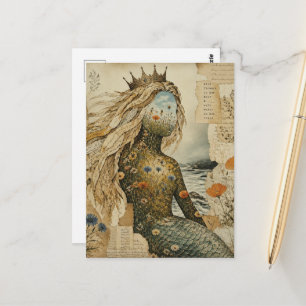 Meerjungfrau Wildblumen Mixed Media Collage Postkarte