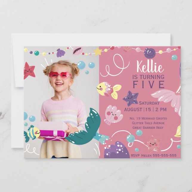 Meerjungfrauen Meerjungfrau Geburtstags-Foto rosa Einladung (Vorderseite)