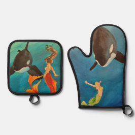 Meerjungfrauen mit Orcas Ofenhandschuh & Topflappen-Set