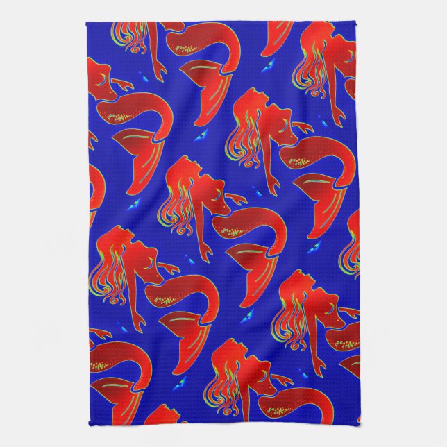 Meerjungfrauen mit rotem Button Geschirrtuch (Vertikal)