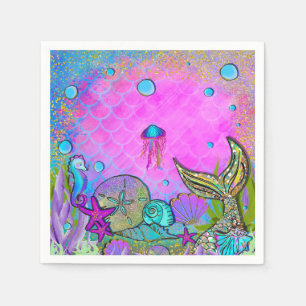 Meerjungfrauen & Muscheln Rosa Glitzernde Party Serviette