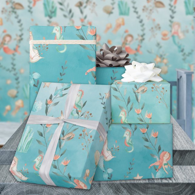 Meerjungfrauen-Party im karibischen Blauen Meer Geschenkpapier (Mermaids Party Under The Caribbean Blue Sea Gift Wrapping Paper Rolls)
