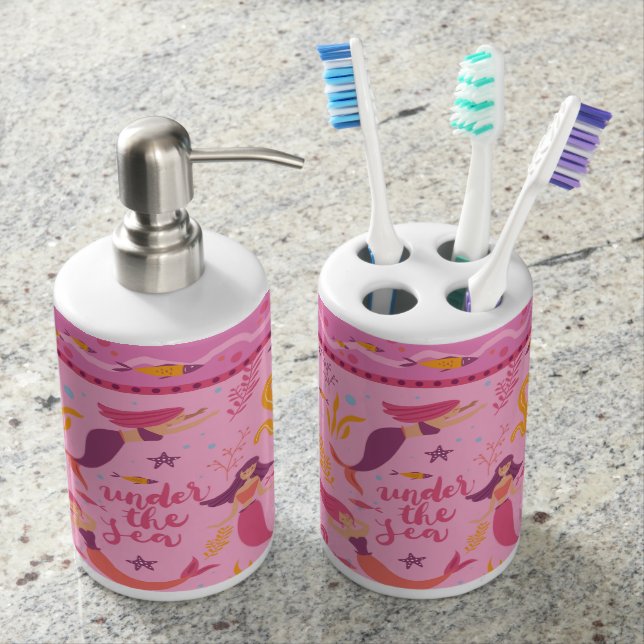 Meerjungfrauen - Rosa Maultier Badezimmer-Set (Vorderseite)