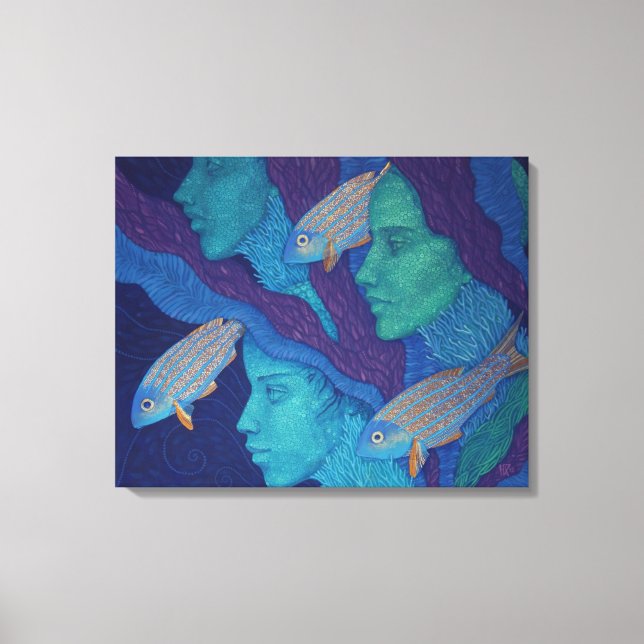 Meerjungfrauen und Fische, surreale Fantasiekunst, Leinwanddruck (Vorderseite)
