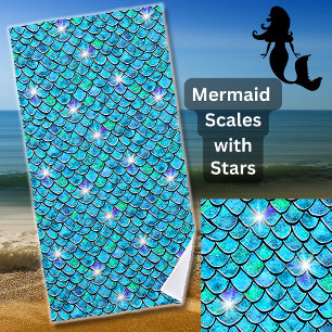 Meerjungfrauenskales Aqua Blue mit weißen Sternen Strandtuch