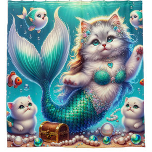 "Meerjungkatze mit Kätzchen - Whimsical Water Art" Duschvorhang