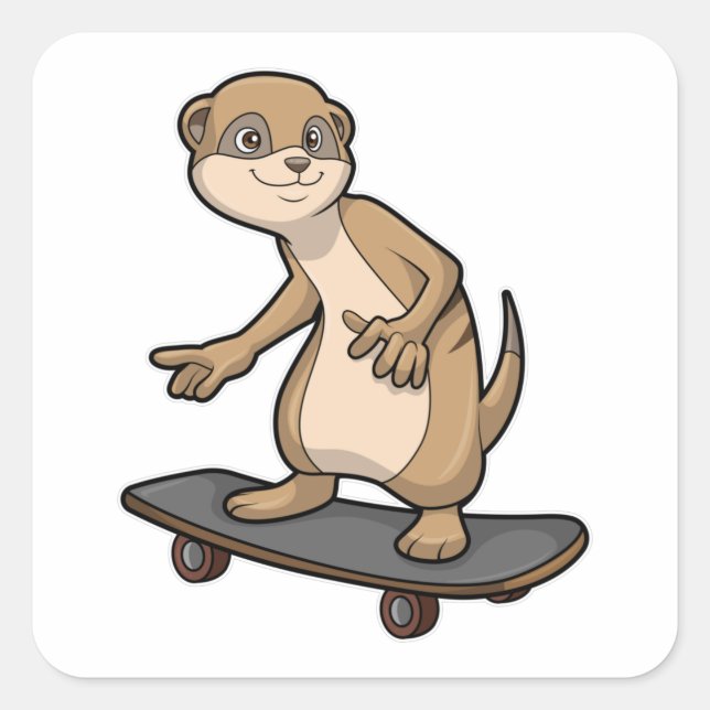 Meerkat als Skater mit Skateboard Quadratischer Aufkleber (Vorderseite)