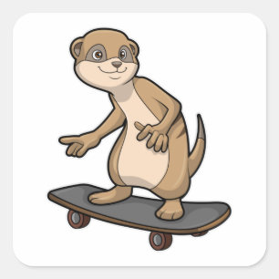 Meerkat als Skater mit Skateboard Quadratischer Aufkleber