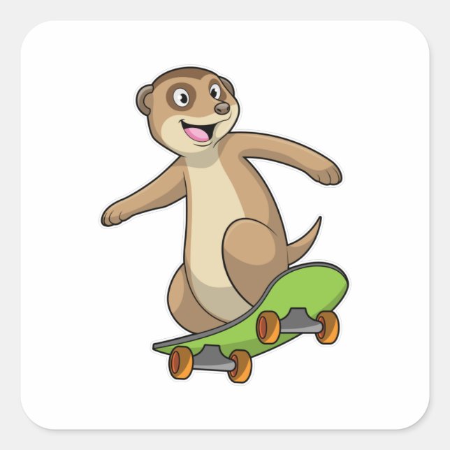 Meerkat als Skater mit Skateboard Quadratischer Aufkleber (Vorderseite)