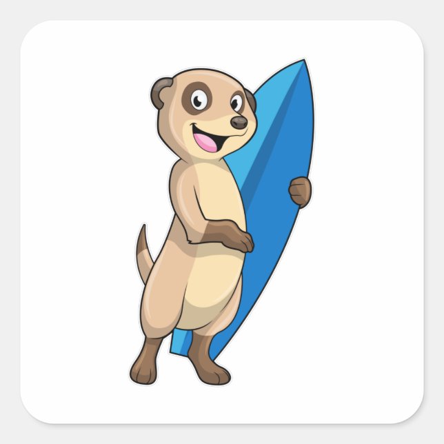 Meerkat als Surfer mit Surfboard Quadratischer Aufkleber (Vorderseite)