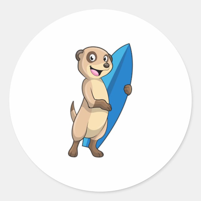 Meerkat als Surfer mit Surfboard Runder Aufkleber (Vorderseite)