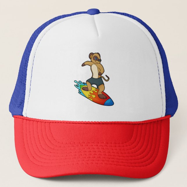 Meerkat als Surfer mit Surfboard Truckerkappe (Vorderseite)