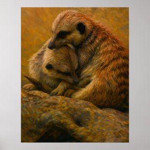 Meerkat Cuddle - erdgetönte Malerei auf wild leben Poster