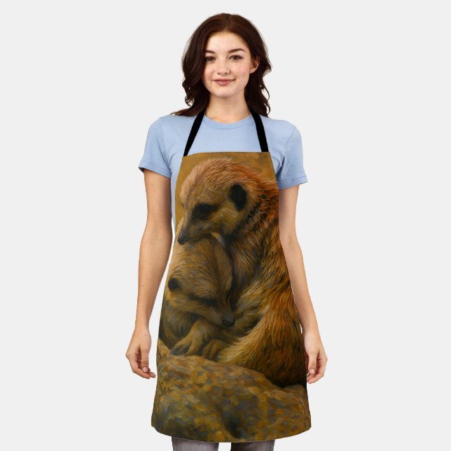 Meerkat Cuddle - erdgetönte Malerei auf wild leben Schürze (Getragen)