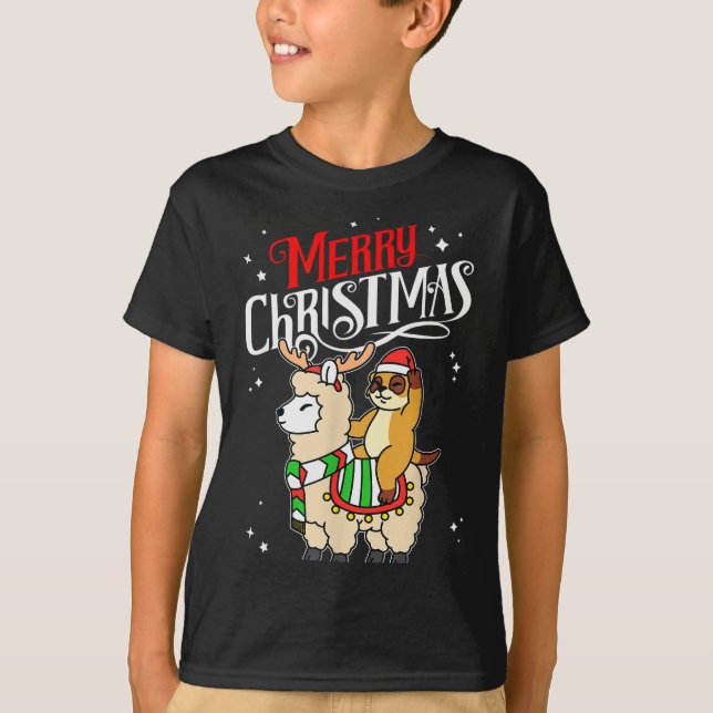 Meerkat Merry Christmas Reindeer Llama Riding Meer T-Shirt (Vorderseite)