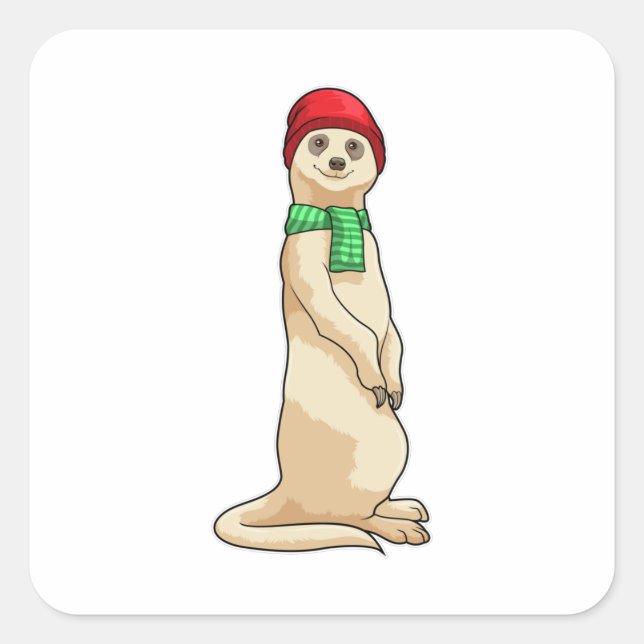 Meerkat mit Hut und Scarf Quadratischer Aufkleber (Vorderseite)