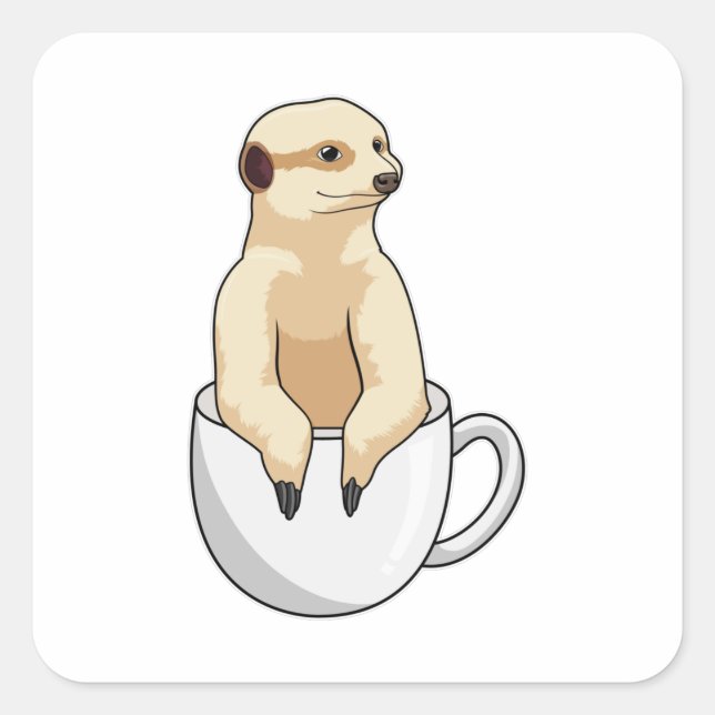 Meerkat mit Kaffee-Cup Quadratischer Aufkleber (Vorderseite)
