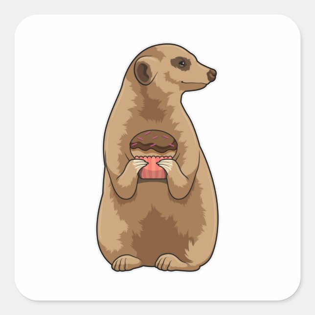 Meerkat mit Muffin Quadratischer Aufkleber (Vorderseite)