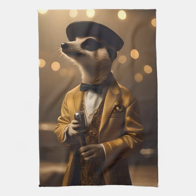 "Meerkat Moonlight: Eine Crooner's Serenade" Geschirrtuch (Vertikal)