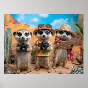 Meerkats als Touristen mit Kameras und Karten verk Poster