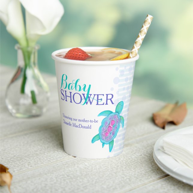 Meerschildkröte Whimsy Aquarell Baby Dusche Aqua Pappbecher (In Situ)