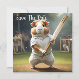 Meerschweinchen-Cricketspieler: In Weiß gekleidet Save The Date