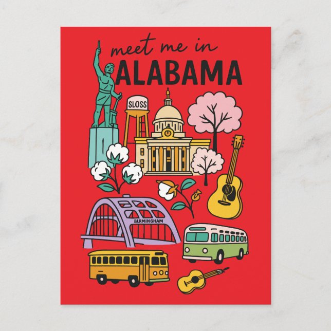Meet Me In Alabama Iconic Landmarks Retro Postkarte (Vorderseite)