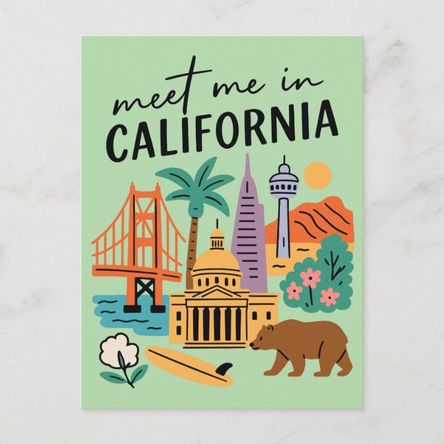 Meet Me In California Golden Gate Bear Retro Postkarte (Vorderseite)
