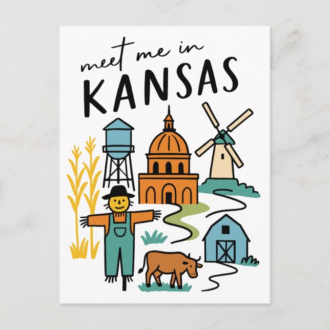 Meet Me In Kansas Retro Farm Scarecrow Windmill Postkarte (Vorderseite)