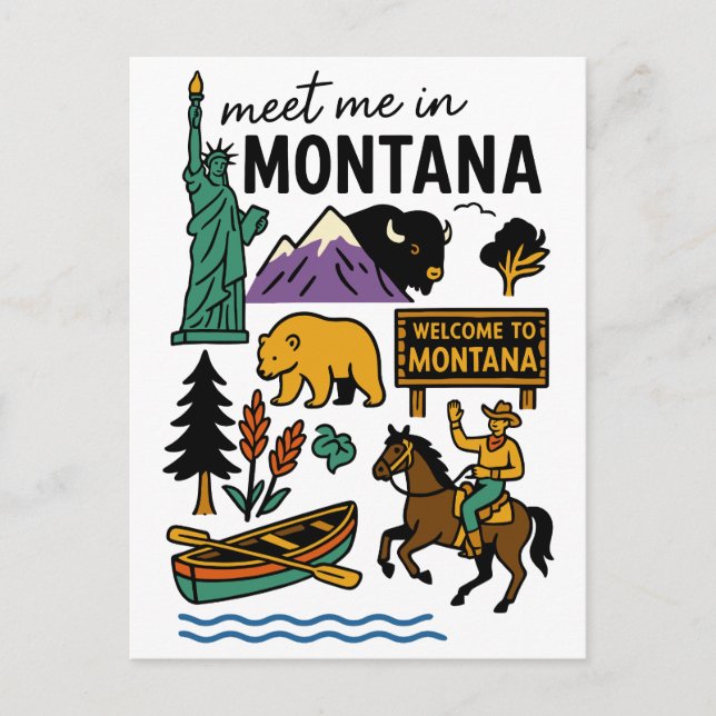 Meet Me In Montana Wildlife & Cowboy State Travel Postkarte (Vorderseite)