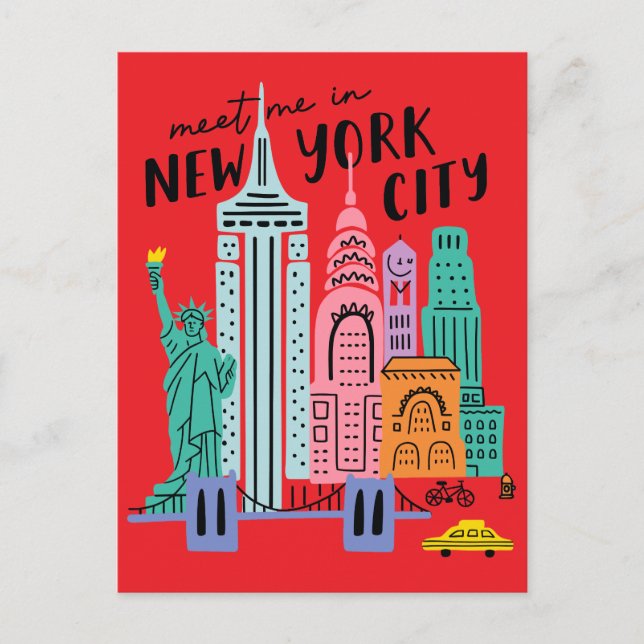 Meet Me In New York City Skyline Landmarks Reto Postkarte (Vorderseite)