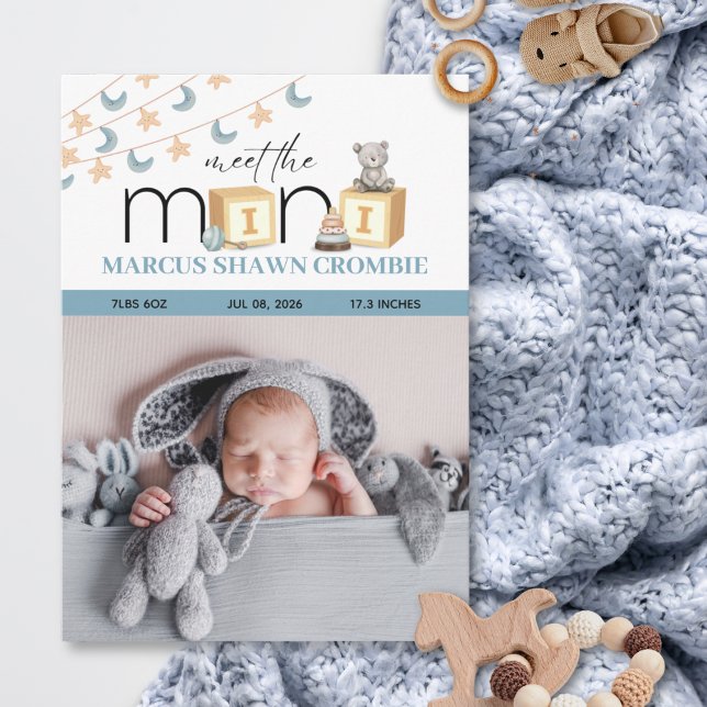 Meet The Mini Blue Baby Birth Announcement Card (Von Creator hochgeladen)