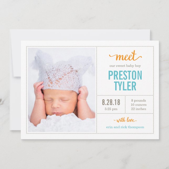 MEETEN SIE IHM Moderne Geburtsankündigungen Ankündigung (Vorderseite)