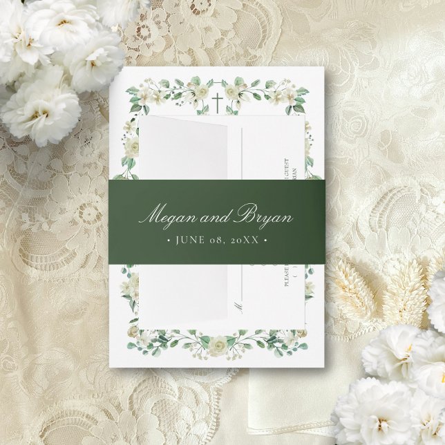 Megan Elegant Simple Sage Green Names Wedding Einladungsbanderole (Forest green belly band pictured assembled with the Megan Catholic wedding invitation suite.)