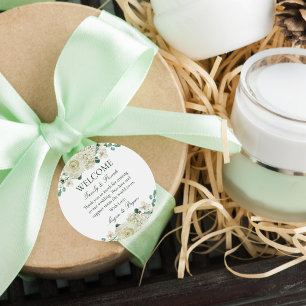 Megan White Floral Wedding Welcome Bag Runder Aufkleber