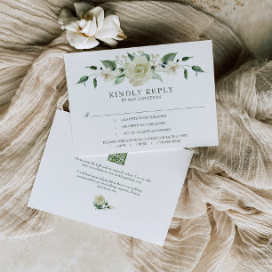 Megan White Rose Green Meal Choice Wedding RSVP Karte