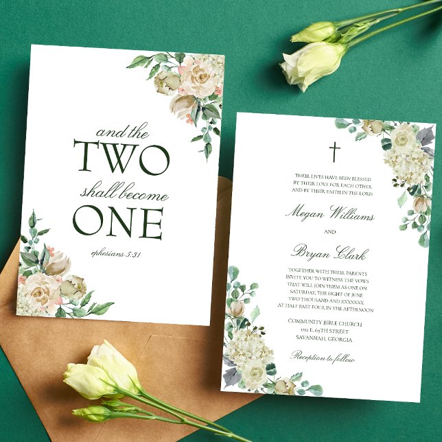 Megan White Roses Greenerity Christlich Wedding Einladung (Elegant Megan Christian Wedding Invitation with white watercolor flowers and botanical greenery)