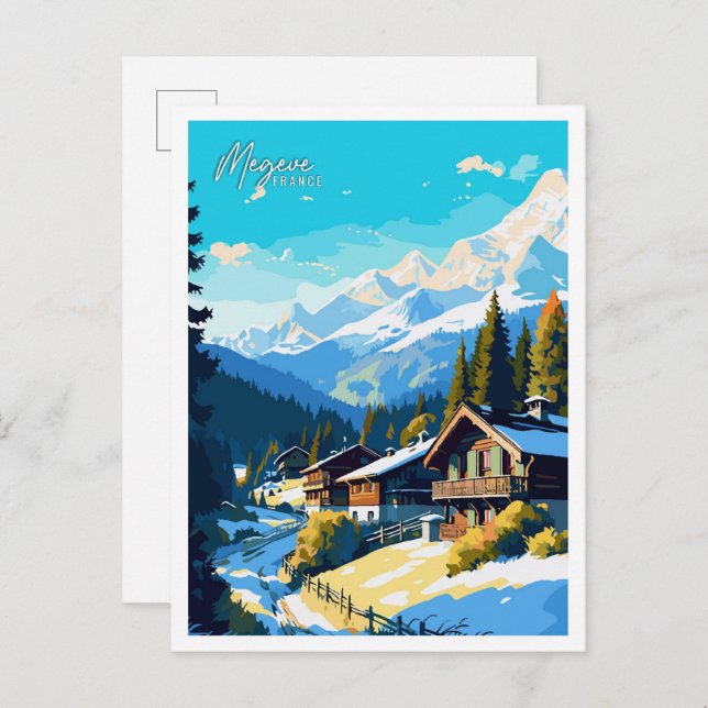 Megeve France Art Vintage Reise Illustration Postkarte (Vorne/Hinten)
