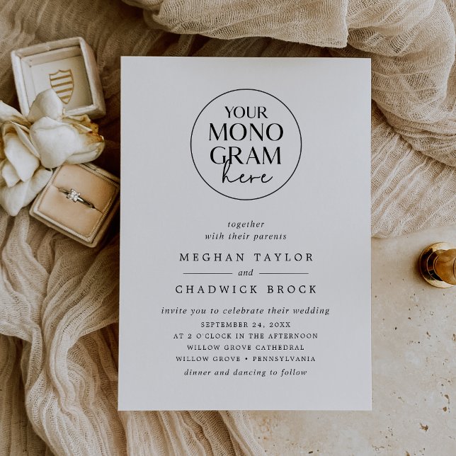 MEGHAN Elegantes Wappen Monogram Schwarz-weiß Wedd Einladung (MEGHAN Elegant Crest Monogram Black White Wedding Invitation)